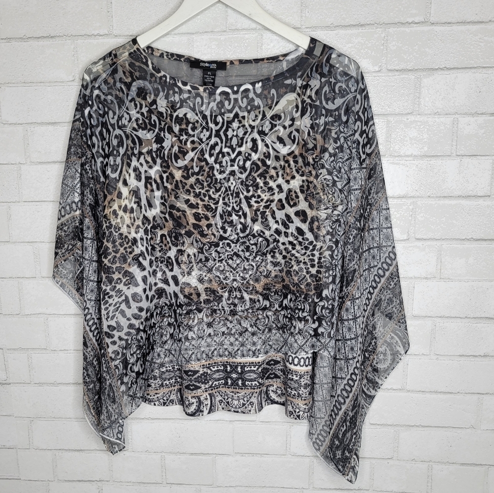 Style & Co. Petite Black White Tan Leopard Print Sheer Chiffon Caftan Cami Set